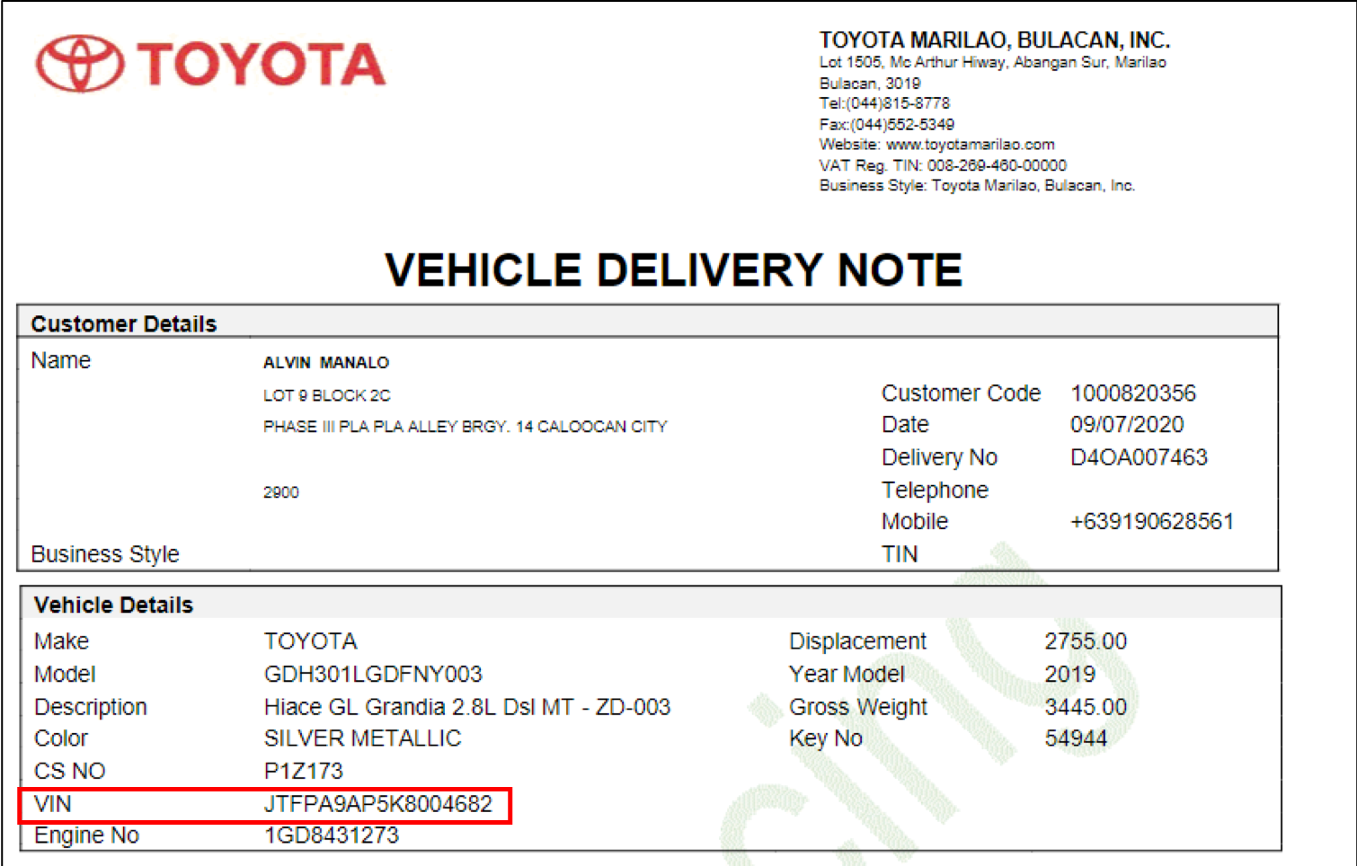 Vehicle Sales Invoice