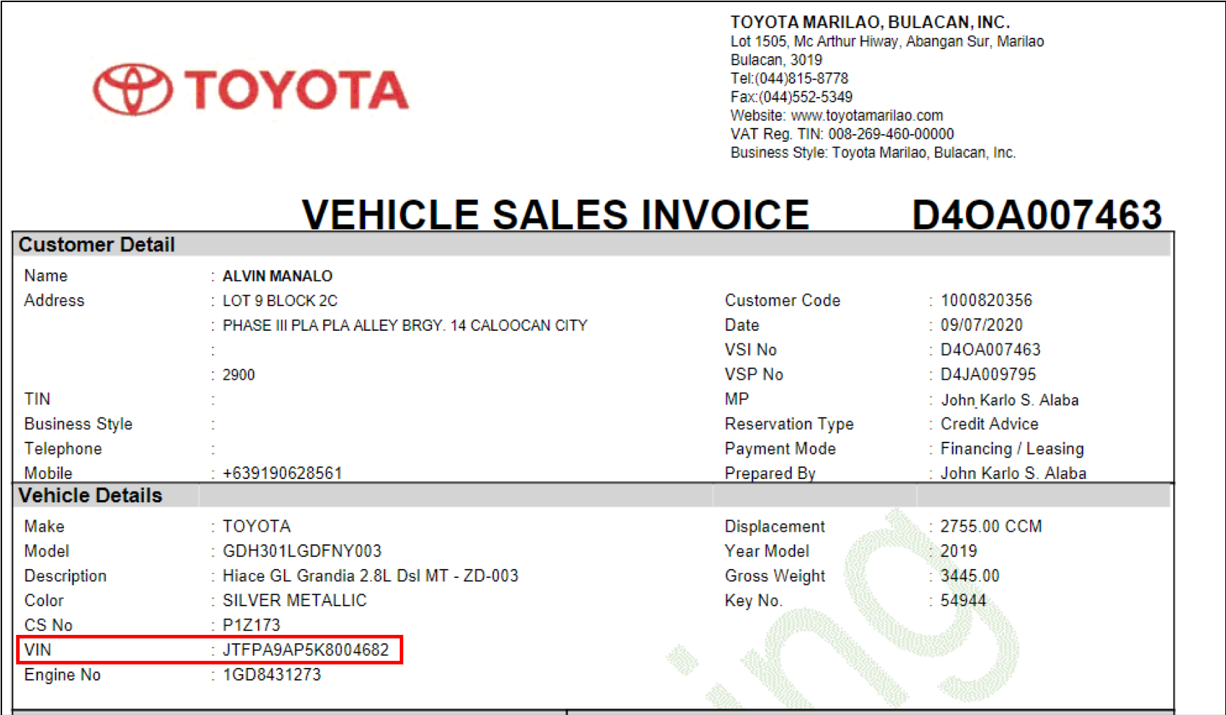 Vehicle Sales Invoice